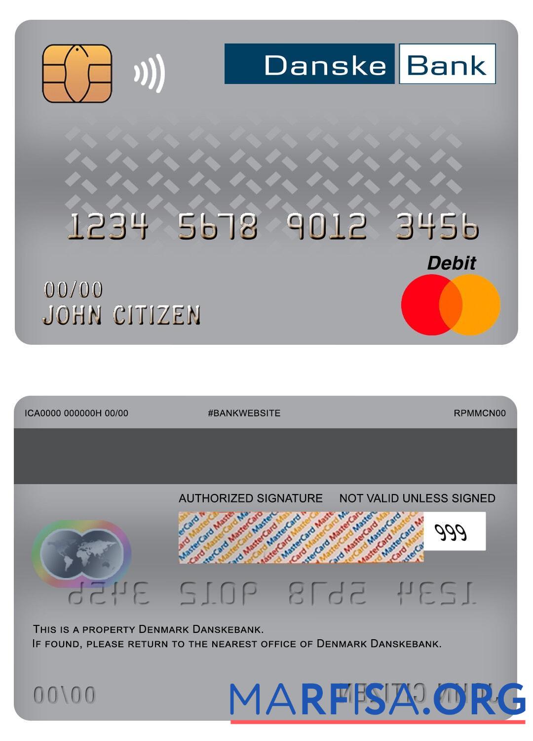 Blank Denmark Danskebank master debit card sample